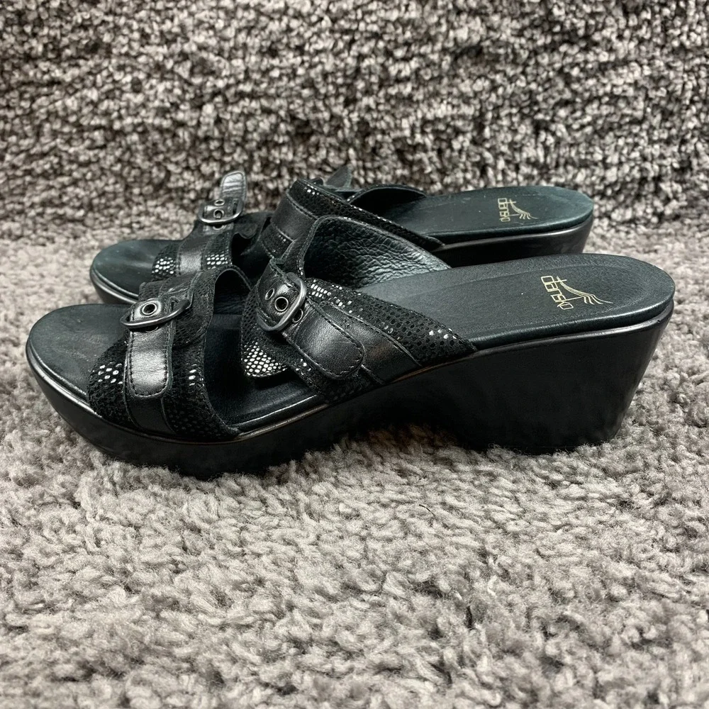 Dansko Jessie Sandals Black Leather Lizard Slip On Slide Heels Buckle EU 40